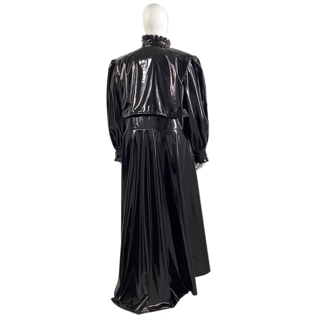 Plus Size Wetlook Patent Leather Long Trench Coat Unisex Ruffles Turtleneck Long Sleeve Soft PVC Overcoat Club Fetish Clothes