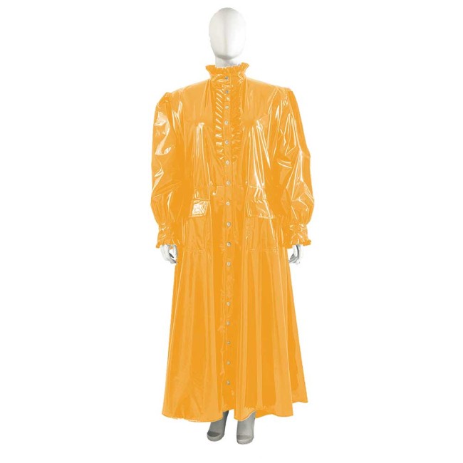 Plus Size Wetlook Patent Leather Long Trench Coat Unisex Ruffles Turtleneck Long Sleeve Soft PVC Overcoat Club Fetish Clothes