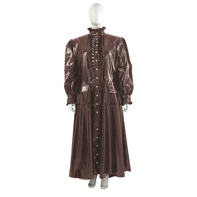 Plus Size Wetlook Patent Leather Long Trench Coat Unisex Ruffles Turtleneck Long Sleeve Soft PVC Overcoat Club Fetish Clothes