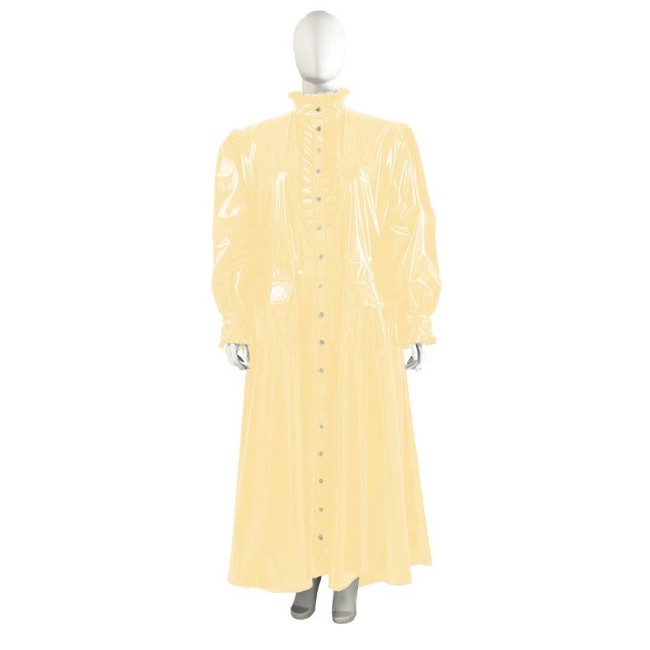 Plus Size Wetlook Patent Leather Long Trench Coat Unisex Ruffles Turtleneck Long Sleeve Soft PVC Overcoat Club Fetish Clothes