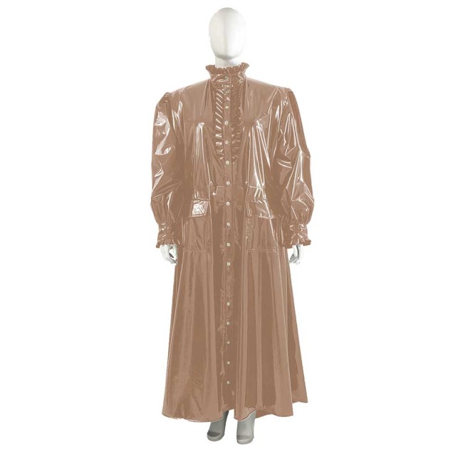 Plus Size Wetlook Patent Leather Long Trench Coat Unisex Ruffles Turtleneck Long Sleeve Soft PVC Overcoat Club Fetish Clothes