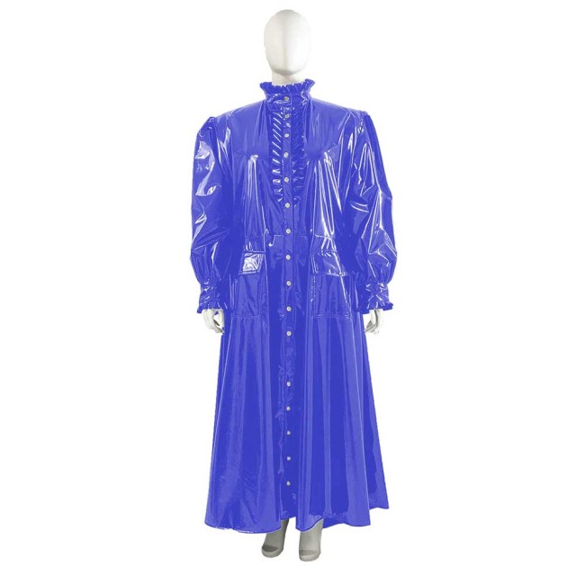 Plus Size Wetlook Patent Leather Long Trench Coat Unisex Ruffles Turtleneck Long Sleeve Soft PVC Overcoat Club Fetish Clothes