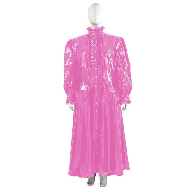 Plus Size Wetlook Patent Leather Long Trench Coat Unisex Ruffles Turtleneck Long Sleeve Soft PVC Overcoat Club Fetish Clothes