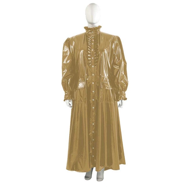 Plus Size Wetlook Patent Leather Long Trench Coat Unisex Ruffles Turtleneck Long Sleeve Soft PVC Overcoat Club Fetish Clothes