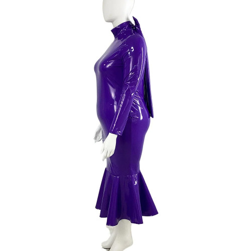 Cocktail Party Club Midi Mermaid Dress Sexy Large Cutout Wet Look Bodycon Ruffled Dress Women Shiny PVC Leather Fishtail Dress
