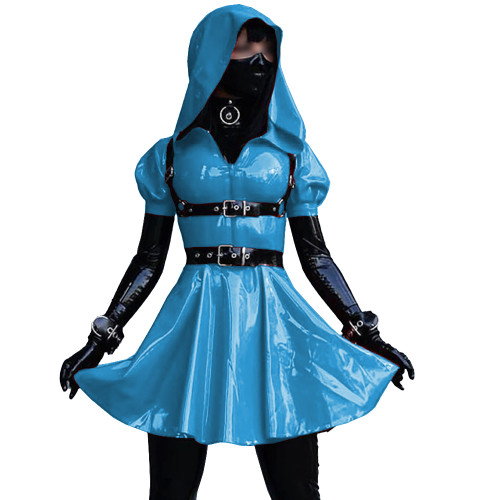 Short Sleeves Sissy Mini Dress Glossy Leather PVC A-Line Maid Cosplay Uniform Halloween Costumes for Women Exotic Dancewear