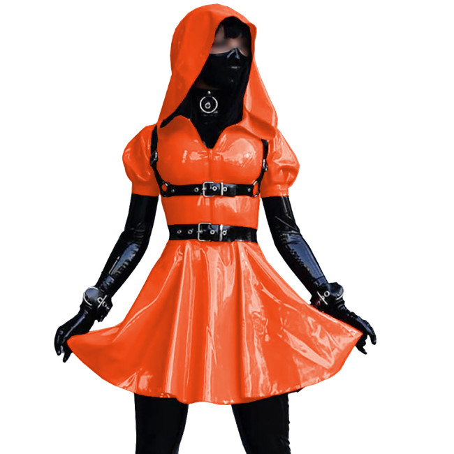 Short Sleeves Sissy Mini Dress Glossy Leather PVC A-Line Maid Cosplay Uniform Halloween Costumes for Women Exotic Dancewear