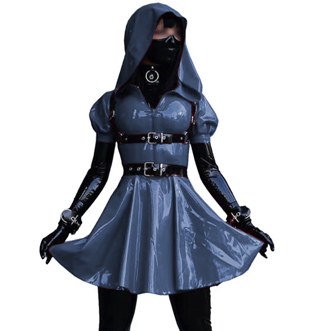 Short Sleeves Sissy Mini Dress Glossy Leather PVC A-Line Maid Cosplay Uniform Halloween Costumes for Women Exotic Dancewear