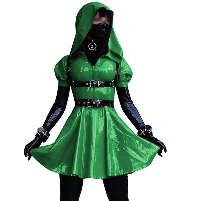 Short Sleeves Sissy Mini Dress Glossy Leather PVC A-Line Maid Cosplay Uniform Halloween Costumes for Women Exotic Dancewear