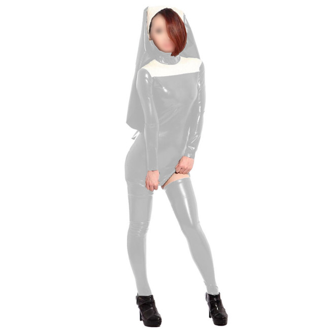 PVC Leather Mini Dress Long Sleeve Bodycon Nightclub Dress with Stockings Headwear Sexy Halloween Cosplay Costumes  7XL