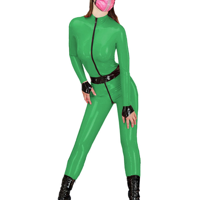 Spandex PVC Leather Catsuit Novelty Lady Jumpsuit Zipper Open Crotch Front Zipper Long Sleeves Slim Rompers Party Club Wear
