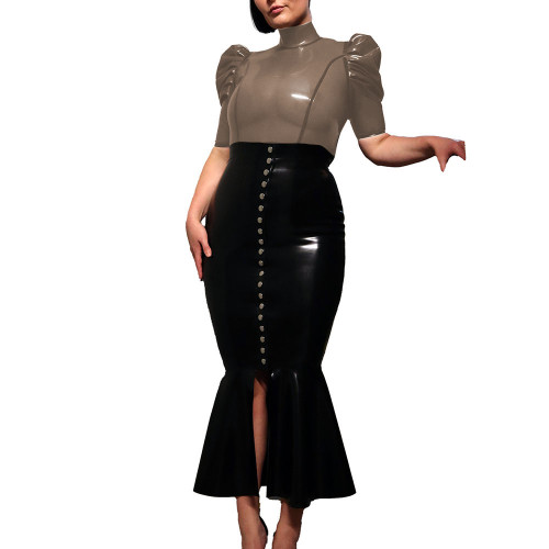 Sexy Transparent PVC Slim High Neck T-shirt Exotic Short Puff Sleeve Clear Plastic Tops Womens See Through Party Tops Clubwear