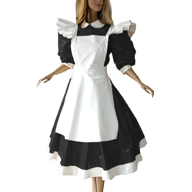 Sweet Party Ruffled High Neck Maid Long Dress with Apron Sissy PVC Lockable Leather Half Sleeves Erotic Maid Cosplay Uniform