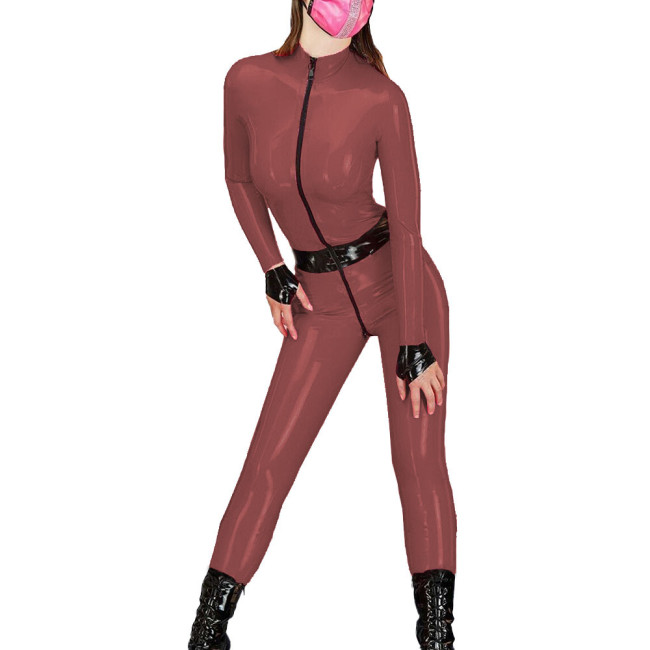 Spandex PVC Leather Catsuit Novelty Lady Jumpsuit Zipper Open Crtoch Front Zipper Long Sleeves Slim Rompers Party Club Wear