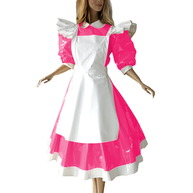 Sweet Party Ruffled High Neck Maid Long Dress with Apron Sissy PVC Lockable Leather Half Sleeves Erotic Maid Cosplay Uniform