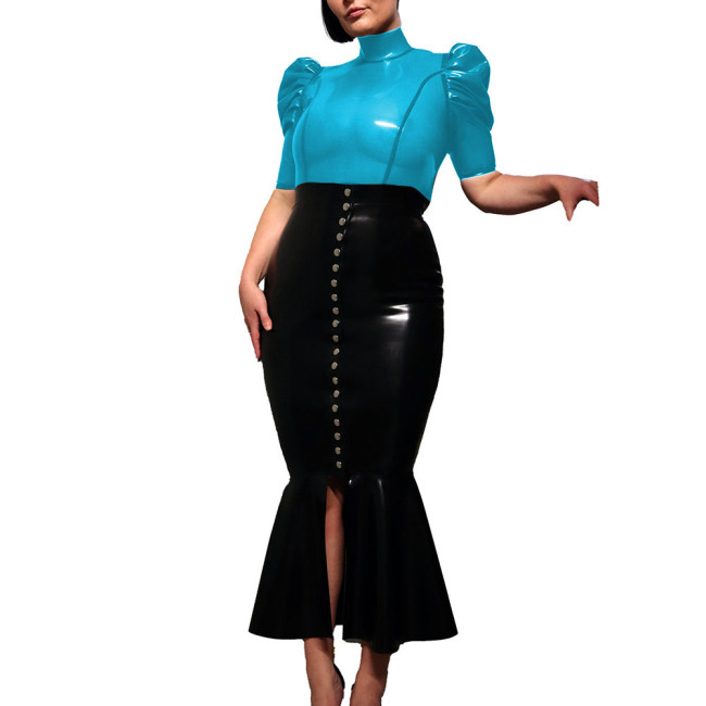 Sexy Transparent PVC Slim High Neck T-shirt Exotic Short Puff Sleeve Clear Plastic Tops Womens See Through Party Tops Clubwear