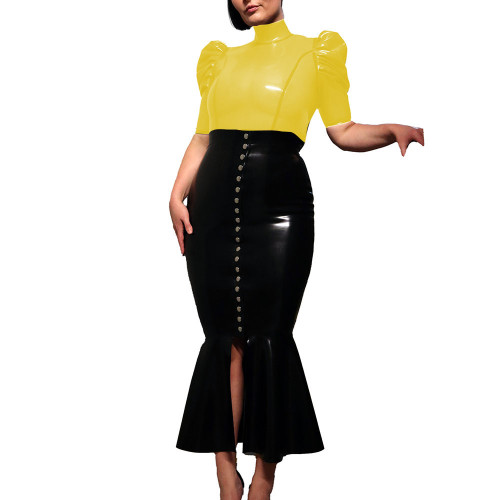 Sexy Transparent PVC Slim High Neck T-shirt Exotic Short Puff Sleeve Clear Plastic Tops Womens See Through Party Tops Clubwear