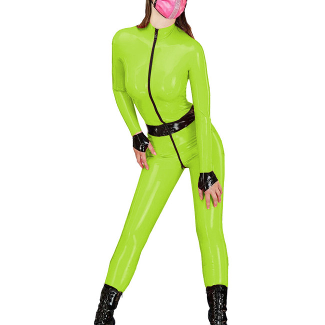 Spandex PVC Leather Catsuit Novelty Lady Jumpsuit Zipper Open Crtoch Front Zipper Long Sleeves Slim Rompers Party Club Wear