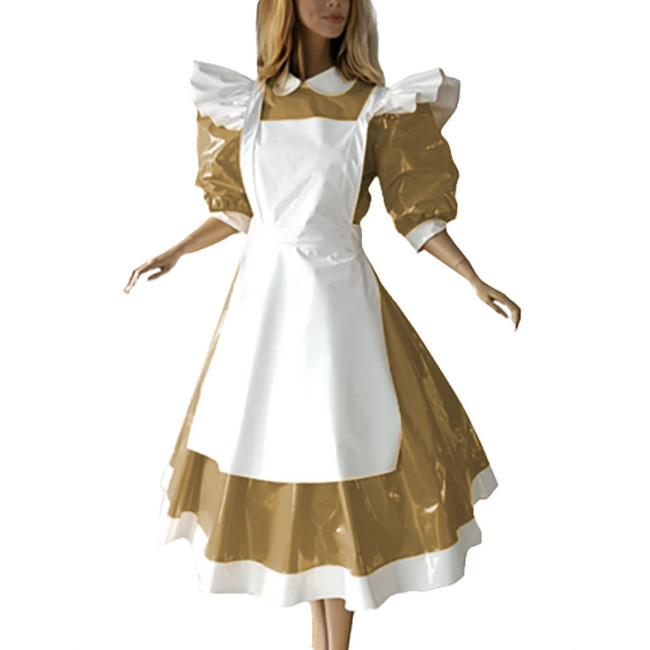 Sweet Party Ruffled High Neck Maid Long Dress with Apron Sissy PVC Lockable Leather Half Sleeves Erotic Maid Cosplay Uniform