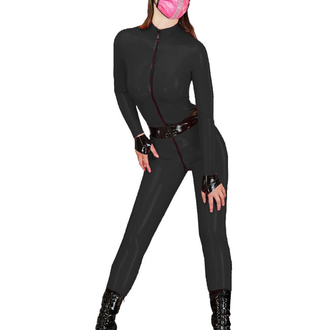 Spandex PVC Leather Catsuit Novelty Lady Jumpsuit Zipper Open Crotch Front Zipper Long Sleeves Slim Rompers Party Club Wear