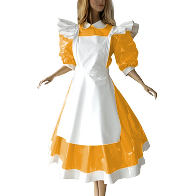 Sweet Party Ruffled High Neck Maid Long Dress with Apron Sissy PVC Lockable Leather Half Sleeves Erotic Maid Cosplay Uniform