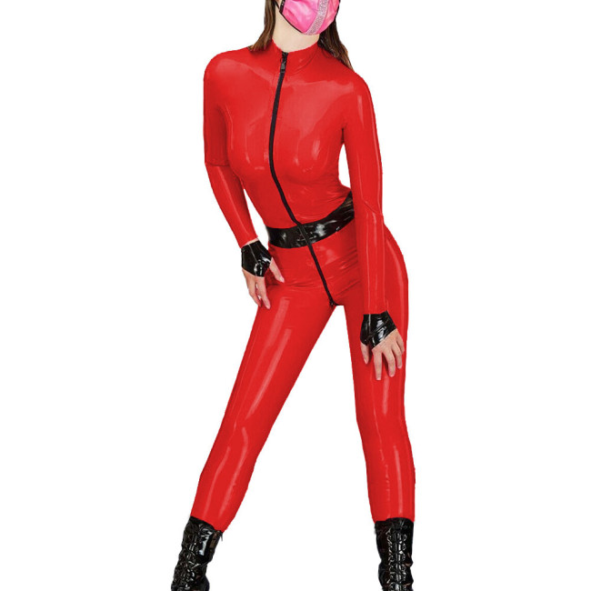 Spandex PVC Leather Catsuit Novelty Lady Jumpsuit Zipper Open Crotch Front Zipper Long Sleeves Slim Rompers Party Club Wear