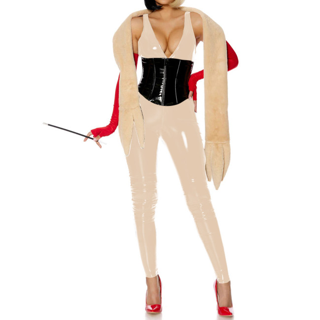 Sexy Deep V-neck Slim PVC Shiny Jumpsuit Glossy Faux Leather Bodycon Sleeveless Party Rompers Raves Party Cosplay Bodysuit 7XL