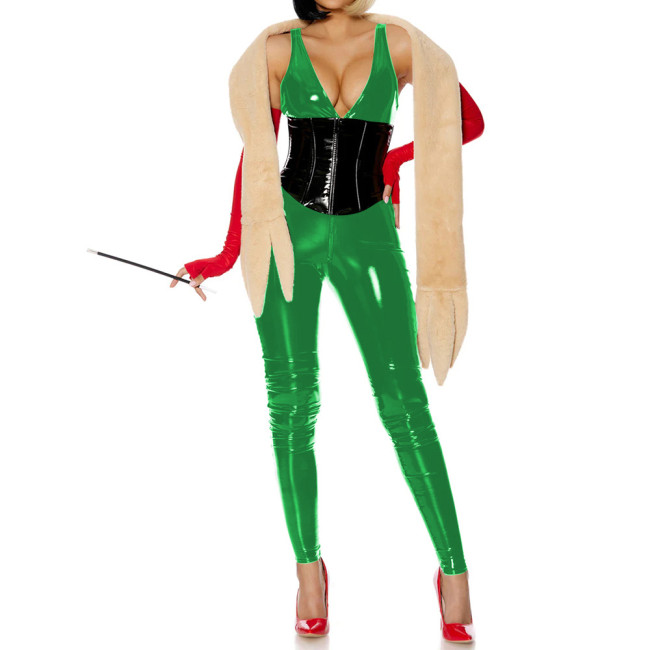 Sexy Deep V-neck Slim PVC Shiny Jumpsuit Glossy Faux Leather Bodycon Sleeveless Party Rompers Raves Party Cosplay Bodysuit 7XL