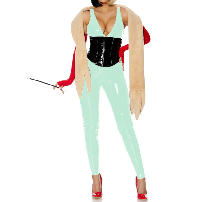 Sexy Deep V-neck Slim PVC Shiny Jumpsuit Glossy Faux Leather Bodycon Sleeveless Party Rompers Raves Party Cosplay Bodysuit 7XL