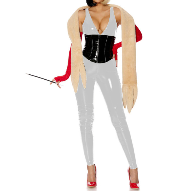 Sexy Deep V-neck Slim PVC Shiny Jumpsuit Glossy Faux Leather Bodycon Sleeveless Party Rompers Raves Party Cosplay Bodysuit 7XL