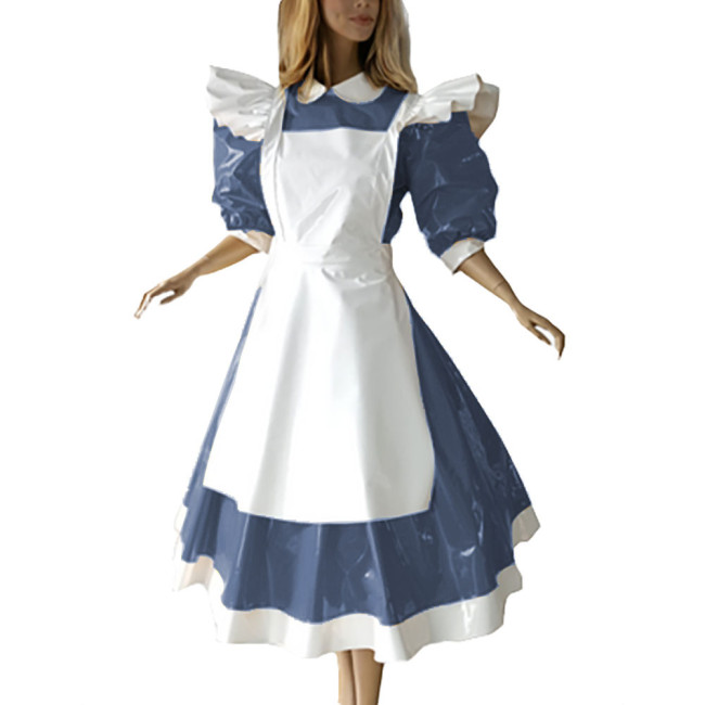 Sweet Party Ruffled High Neck Maid Long Dress with Apron Sissy PVC Lockable Leather Half Sleeves Erotic Maid Cosplay Uniform