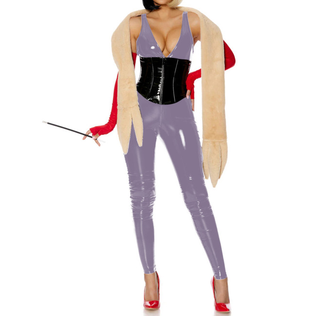 Sexy Deep V-neck Slim PVC Shiny Jumpsuit Glossy Faux Leather Bodycon Sleeveless Party Rompers Raves Party Cosplay Bodysuit 7XL