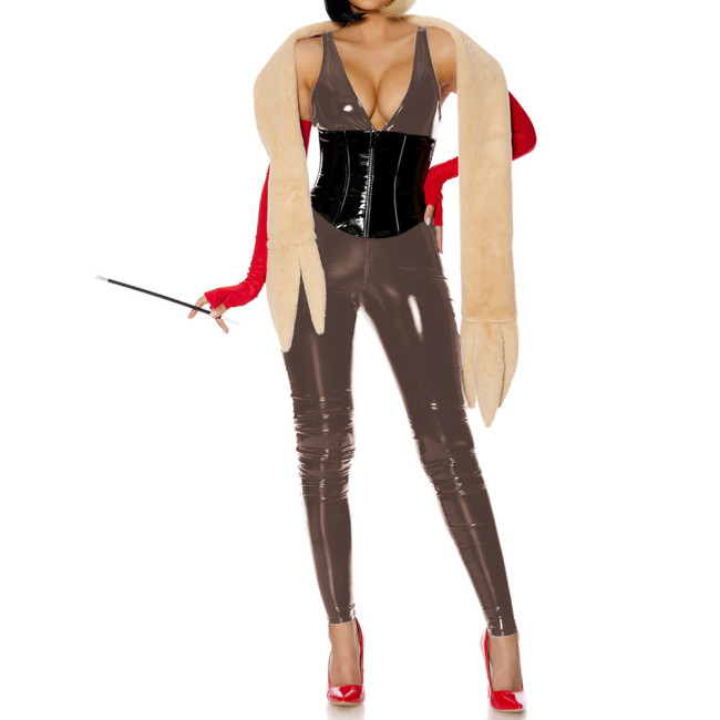Sexy Deep V-neck Slim PVC Shiny Jumpsuit Glossy Faux Leather Bodycon Sleeveless Party Rompers Raves Party Cosplay Bodysuit 7XL