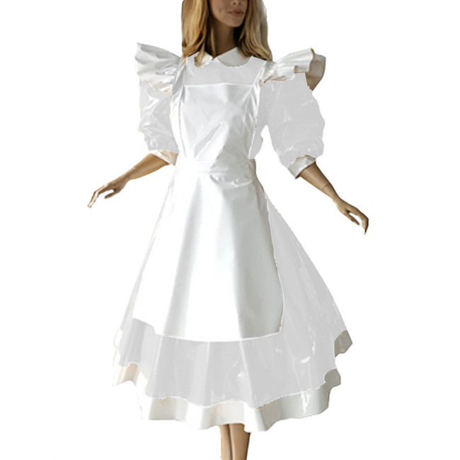 Sweet Party Ruffled High Neck Maid Long Dress with Apron Sissy PVC Lockable Leather Half Sleeves Erotic Maid Cosplay Uniform