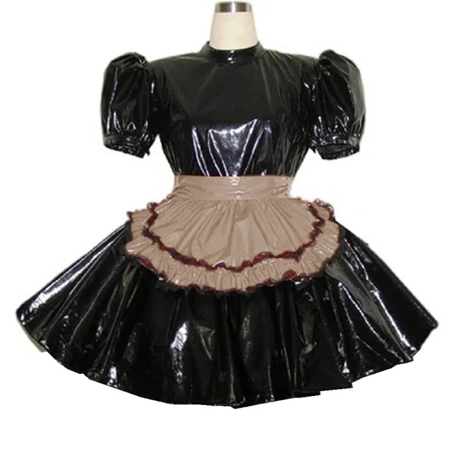 Puff Short Sleeve Cosplay Maid Uniform with Apron High Waist  A-Line Pleated Hem Mini Dress Glossy PVC Role Play Party Clothing