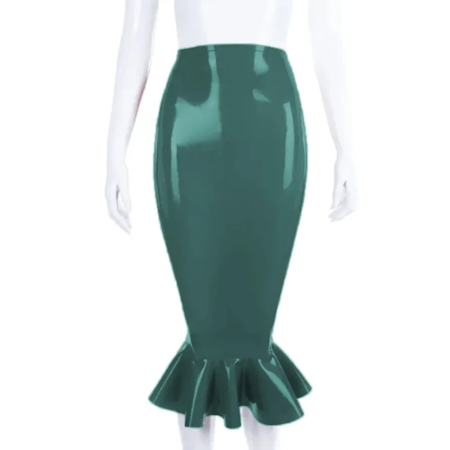 High Waist Tight Fitting Mermaid Skit Trumpet Pleated Hem Long Costume Wetlook PVC Leather Female Elegant Ceremonial Attire