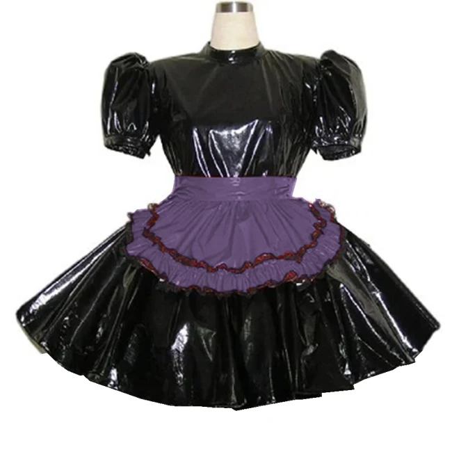 Puff Short Sleeve Cosplay Maid Uniform with Apron High Waist  A-Line Pleated Hem Mini Dress Glossy PVC Role Play Party Clothing