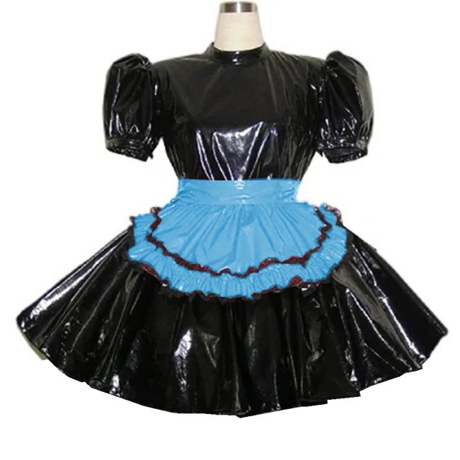 Puff Short Sleeve Cosplay Maid Uniform with Apron High Waist  A-Line Pleated Hem Mini Dress Glossy PVC Role Play Party Clothing