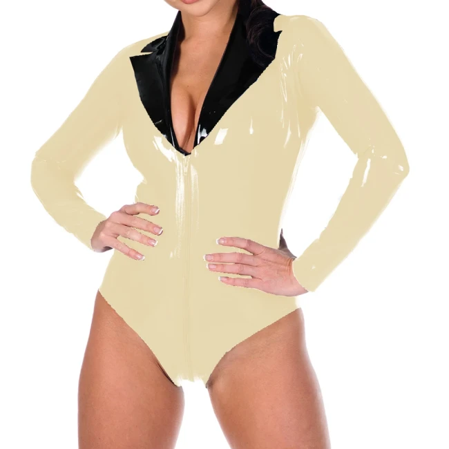 Ladies Sexy Lockable Zipper Open Crotch Bodysuit Turn-dowm Collar Long Sleeve Glossy PVC Leather Rompers Pole Dance Costume