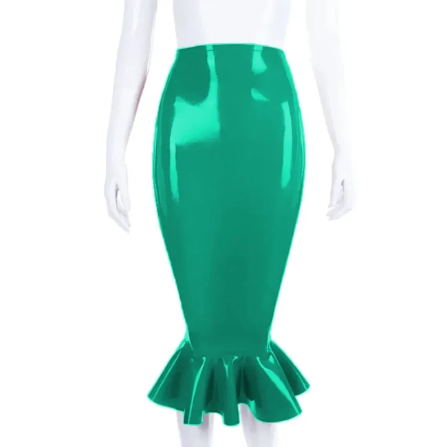 High Waist Tight Fitting Mermaid Skit Trumpet Pleated Hem Long Costume Wetlook PVC Leather Female Elegant Ceremonial Attire
