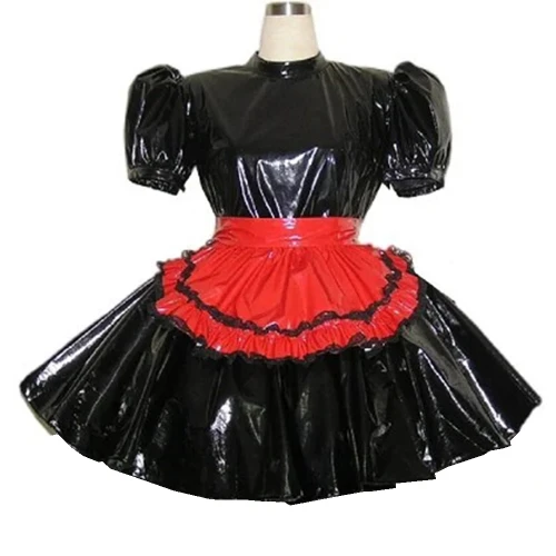 Puff Short Sleeve Cosplay Maid Uniform with Apron High Waist  A-Line Pleated Hem Mini Dress Glossy PVC Role Play Party Clothing