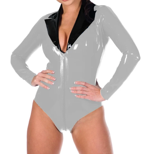 Ladies Sexy Lockable Zipper Open Crotch Bodysuit Turn-dowm Collar Long Sleeve Glossy PVC Leather Rompers Pole Dance Costume