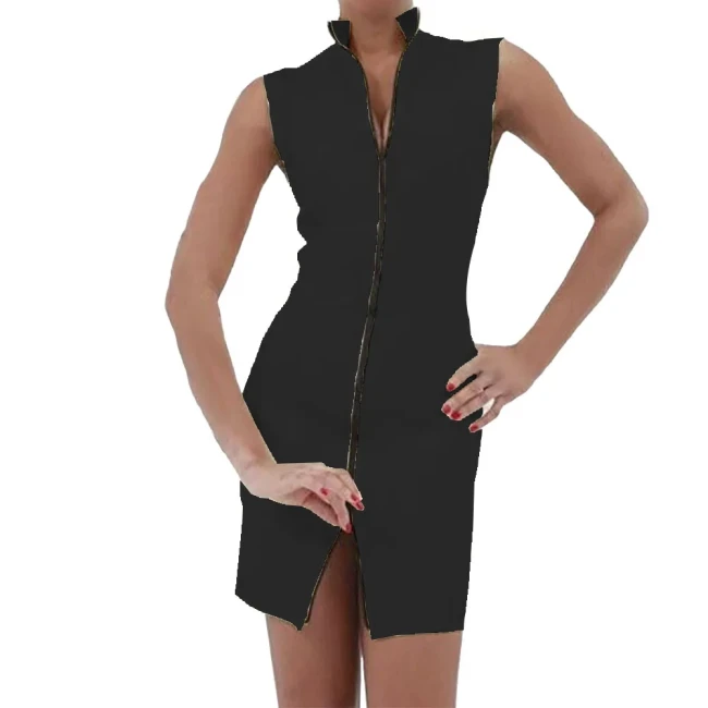 Lockable Front Zipper Sleeveless Tank Dress V-neck Short Straight Mini Dress Spandex PVC Leather Novelty Casual Slim Dailywear