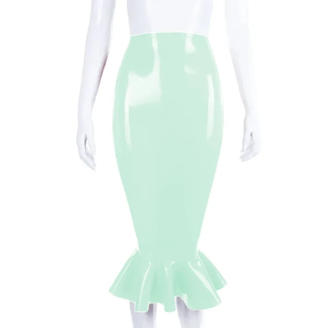 High Waist Tight Fitting Mermaid Skit Trumpet Pleated Hem Long Costume Wetlook PVC Leather Female Elegant Ceremonial Attire
