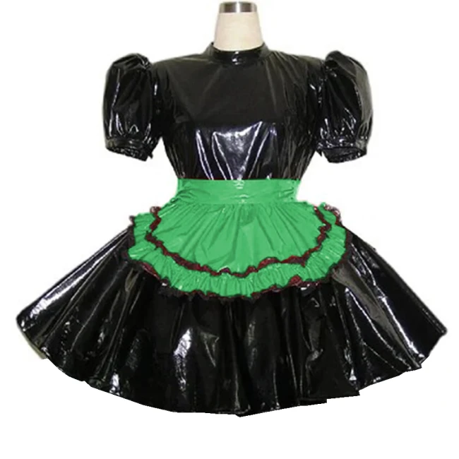 Puff Short Sleeve Cosplay Maid Uniform with Apron High Waist  A-Line Pleated Hem Mini Dress Glossy PVC Role Play Party Clothing