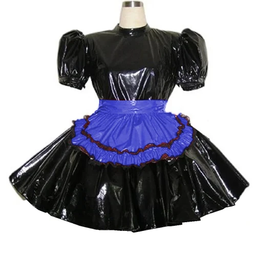 Puff Short Sleeve Cosplay Maid Uniform with Apron High Waist  A-Line Pleated Hem Mini Dress Glossy PVC Role Play Party Clothing