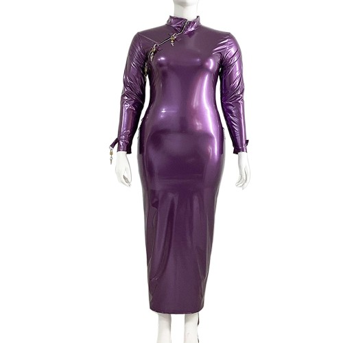 Lockable Long Sleeve Hobble Dress Elegant Lady Cheongsam Neck Sheath Party Dress Wetlook PVC Leather Bodycon Club Gown Dress