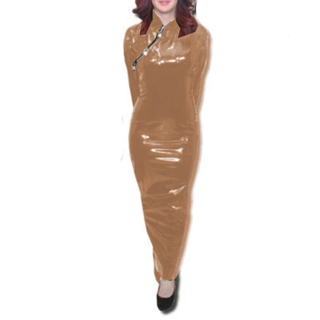 Lockable Long Sleeve Hobble Dress Elegant Lady Cheongsam Neck Sheath Party Dress Wetlook PVC Leather Bodycon Club Gown Dress