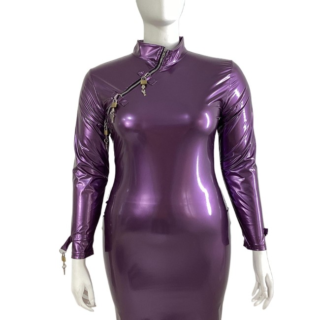 Lockable Long Sleeve Hobble Dress Elegant Lady Cheongsam Neck Sheath Party Dress Wetlook PVC Leather Bodycon Club Gown Dress