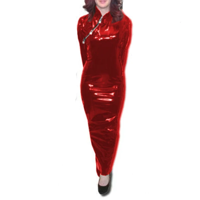 Lockable Long Sleeve Hobble Dress Elegant Lady Cheongsam Neck Sheath Party Dress Wetlook PVC Leather Bodycon Club Gown Dress